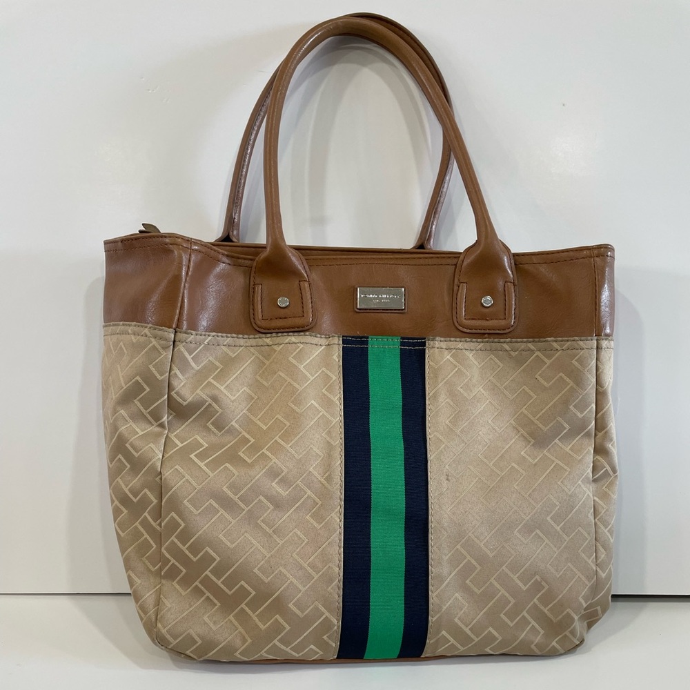 Tommy Hilfiger Shoulder Bag Tote Leather w/ Monogram Print Green & Blue Stripe